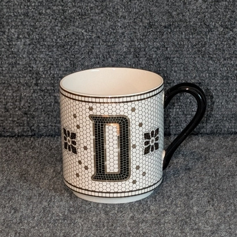 Anthropologie Bistro Tile Margot Coffee Mug Letter D Monogram White Black