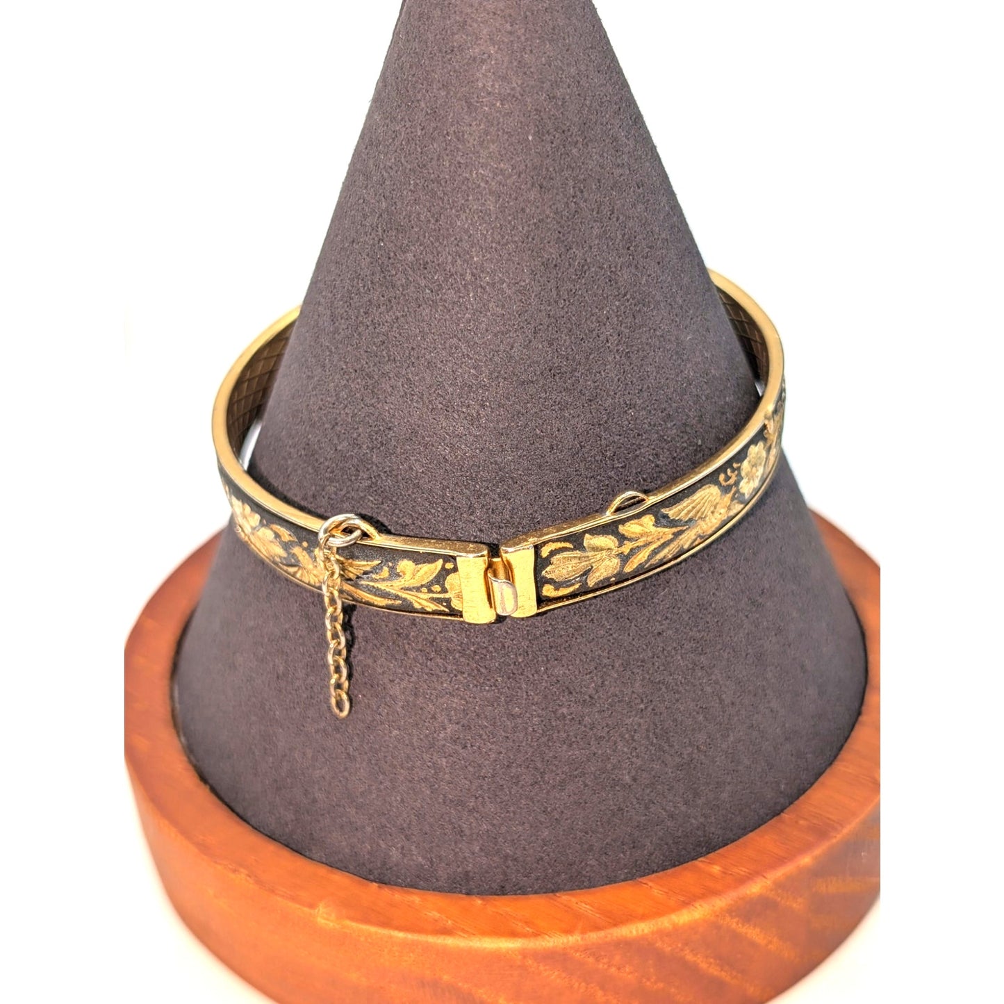 VTG Damascene Hinged Birds Flowers Broken Safety Chain Bangle Bracelet