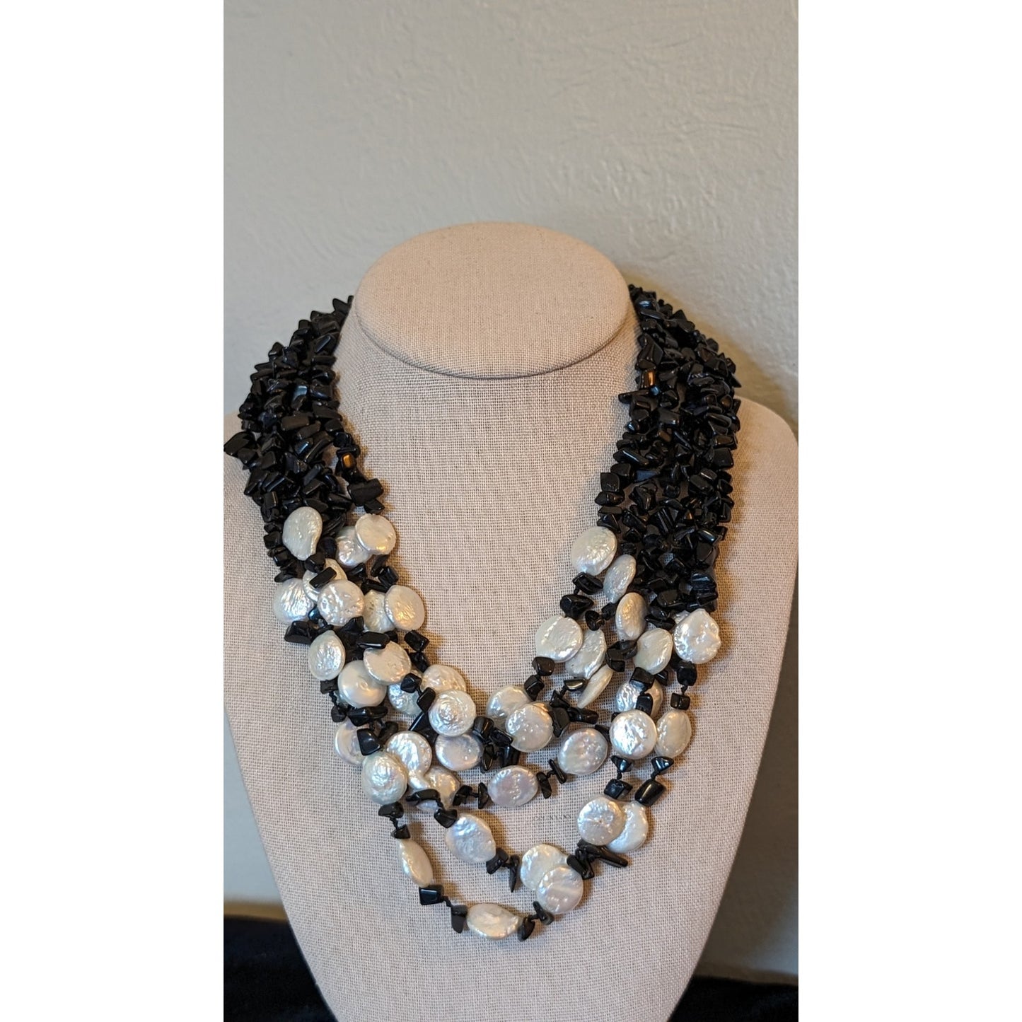Six Strand White Coin Pearl Black Onyx Chip Sterling Slide In Clasp Necklace