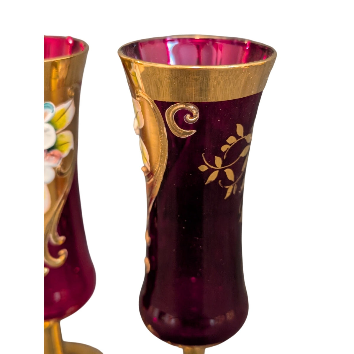 Vtg 50s 2 Red Stem Sherry Glasses Tre Fuochi Murano Italy Venetian Heavy Gilt