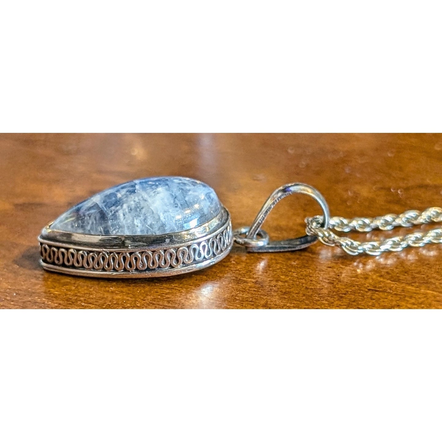 Blue Moonstone Teardrop Bali Wire Solid 925 Sterling Pendant Rope Chain Necklace