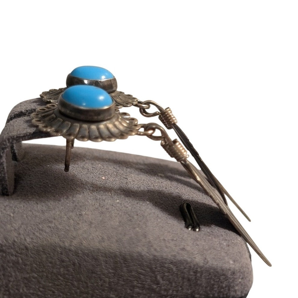 Vintage Signed QT Sterling Turquoise Feather Dangle Pierced Earrings