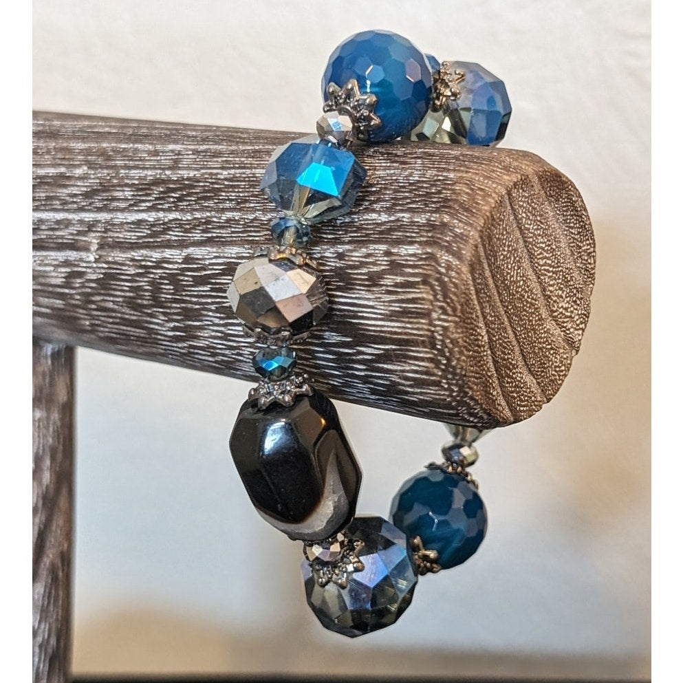 Blue Agate Faceted, Smoky Crystal and Oblong Stone Beaded Stretch Bracelet
