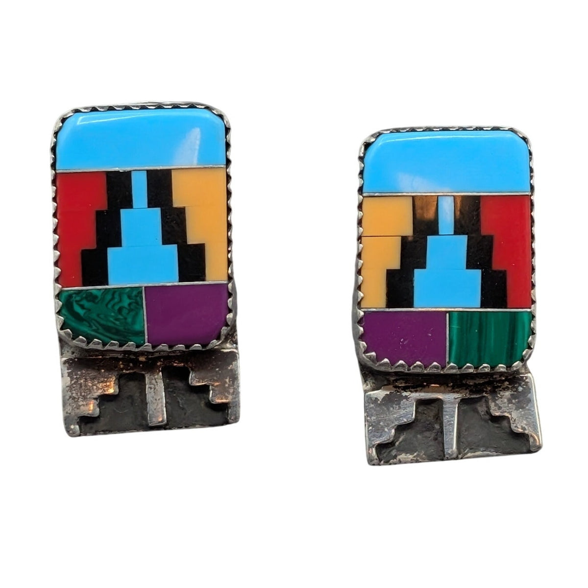 Vtg Hand-Signed Cursive 'Jackson Sterling' Silver Gemstone Inlay Post Earrings