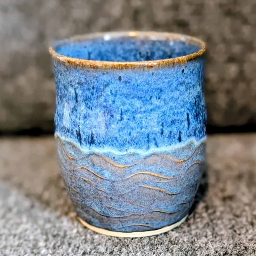 Signed Blue Waves Hand Thrown Pottery Coffee Mug