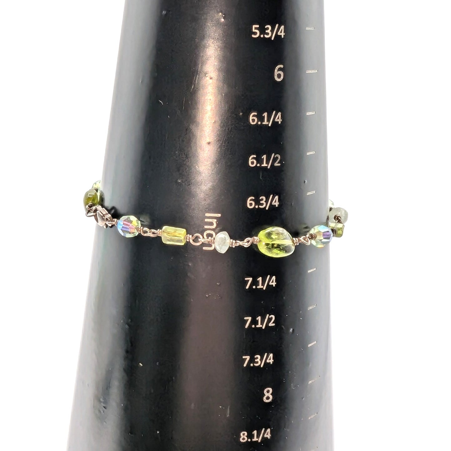 Vintage Peridot Quartz Glass Bead 925 Sterling Chain 7.25" Bracelet