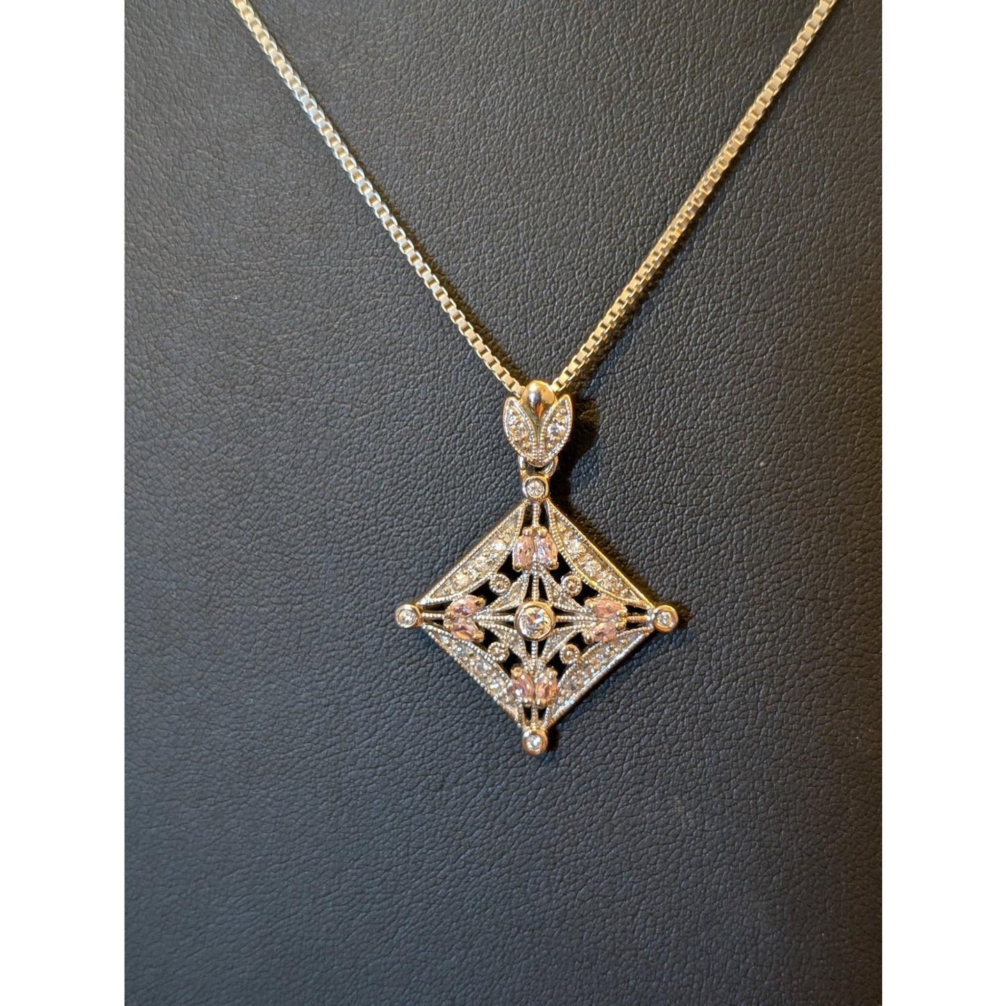 925 Sterling Silver White & Pink CZ Pendant Box Chain 18" Necklace