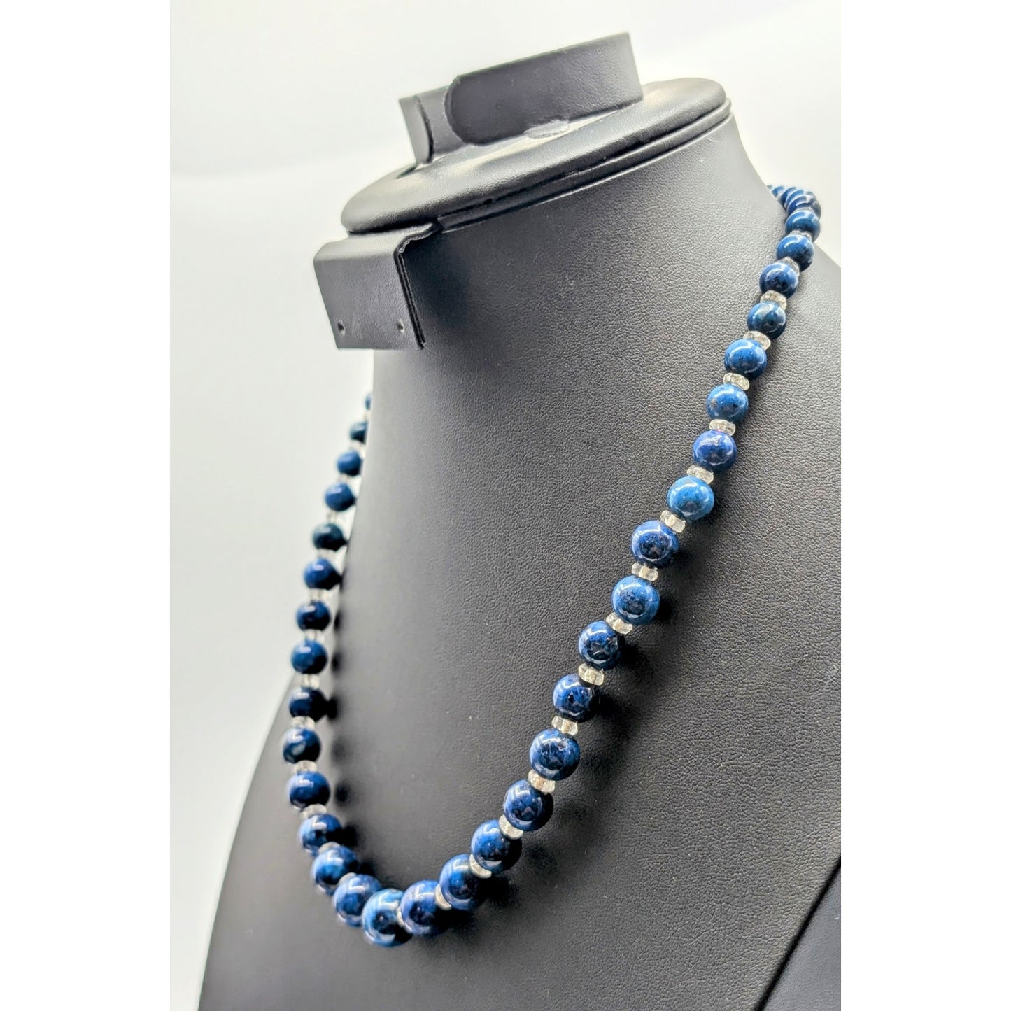 VTG 14K Gold Clasp Navy Blue Black Vein Graduated Beads & Crystal 21" Necklace