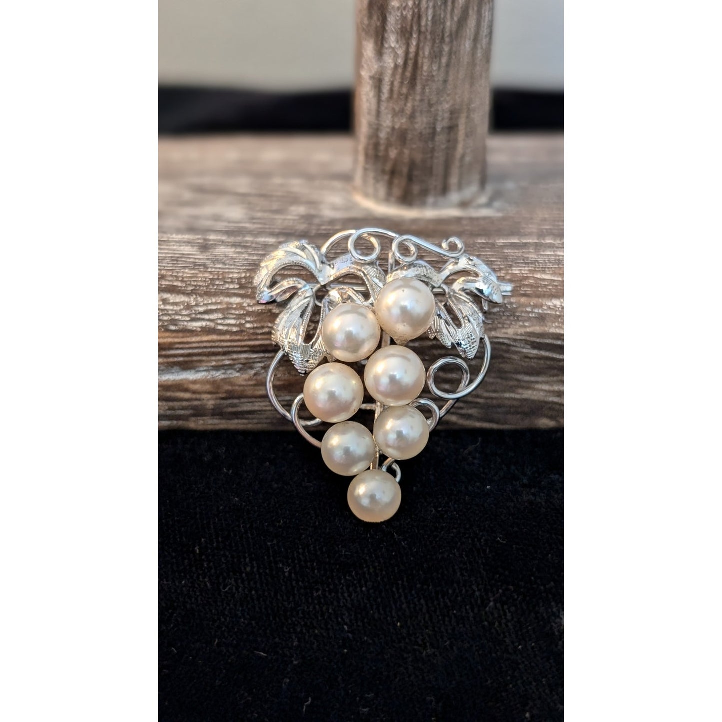 Marked Silver Vintage Seven Cultivated Pearl Grapes on Branch Pendant Brooch