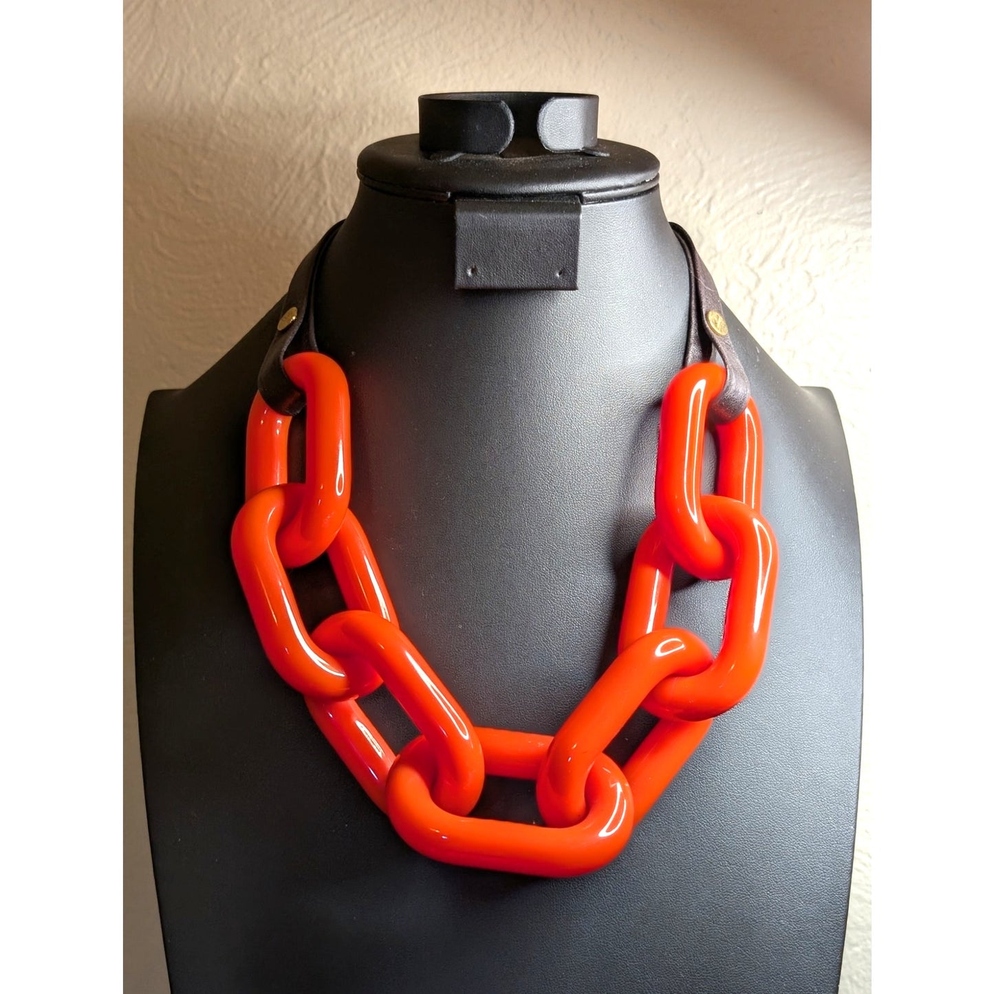 RARE Stamped BEN AMUN Orange Lucite Large Cuban Link Chain 22" Necklace