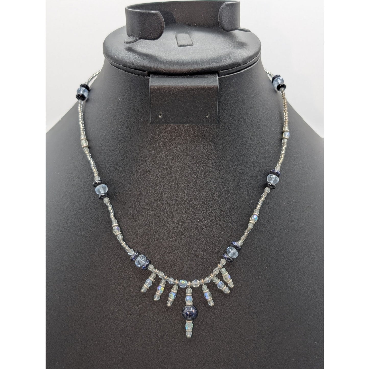 925 Sterling Silver AB Crystal Blue Goldstone Beaded 18" Necklace