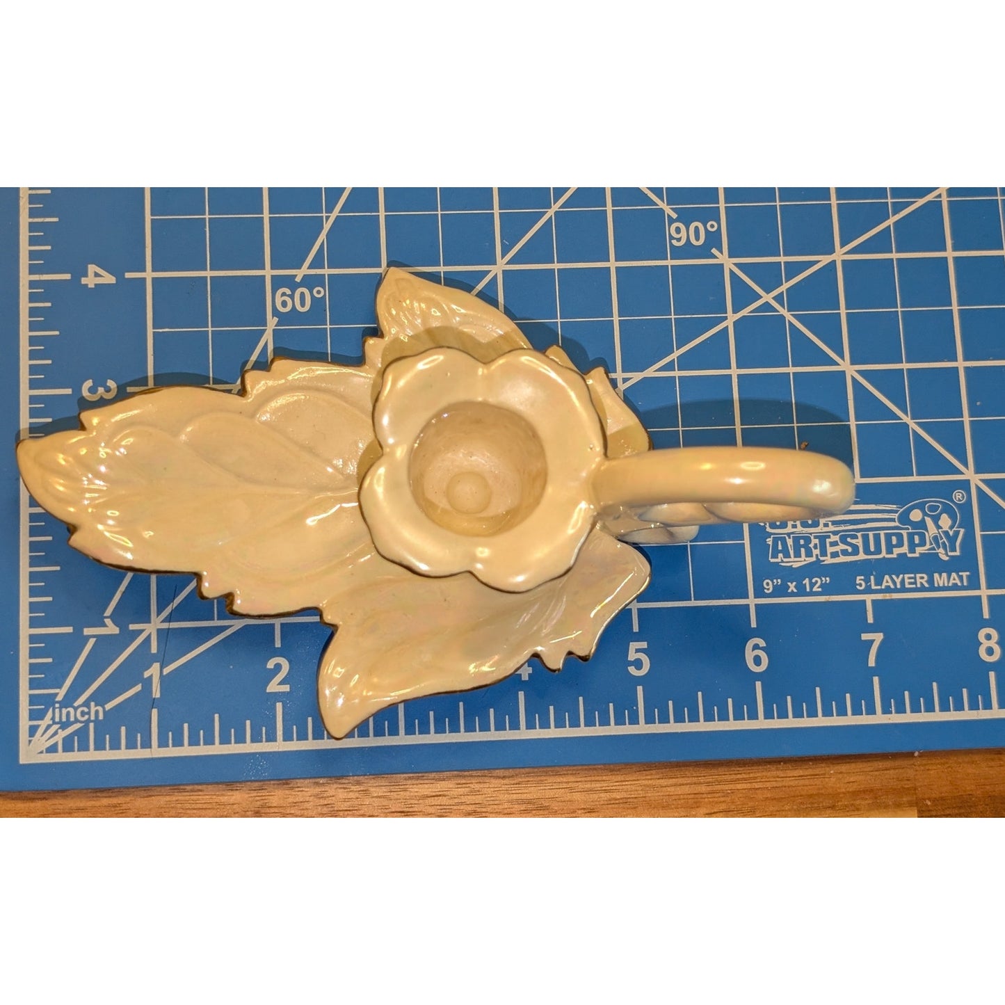 Vintage Signed 1953 Iridescent Cream Gold Trimmed Leaf Candle Holder