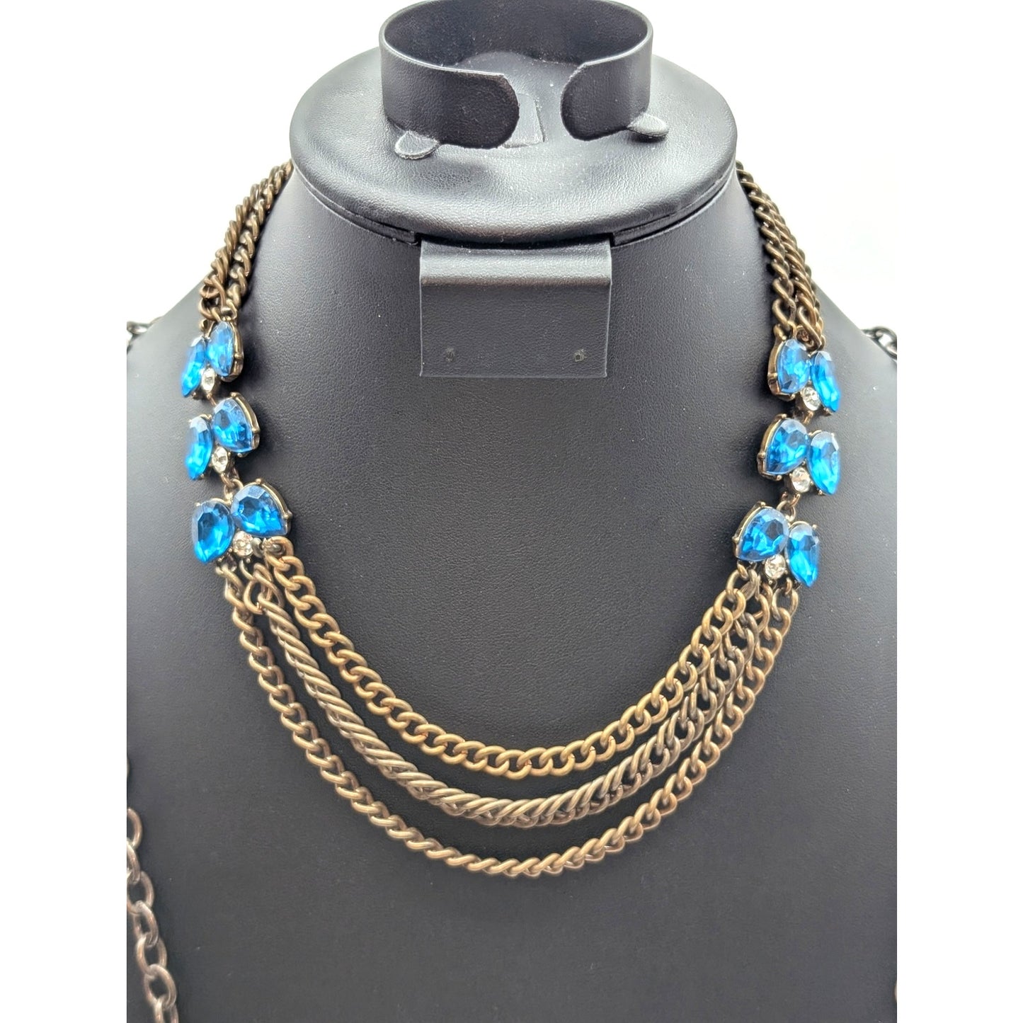 Lot of Two Plunder Necklaces Bronze Metal Blue Rhinestone Charm Tassel Chain