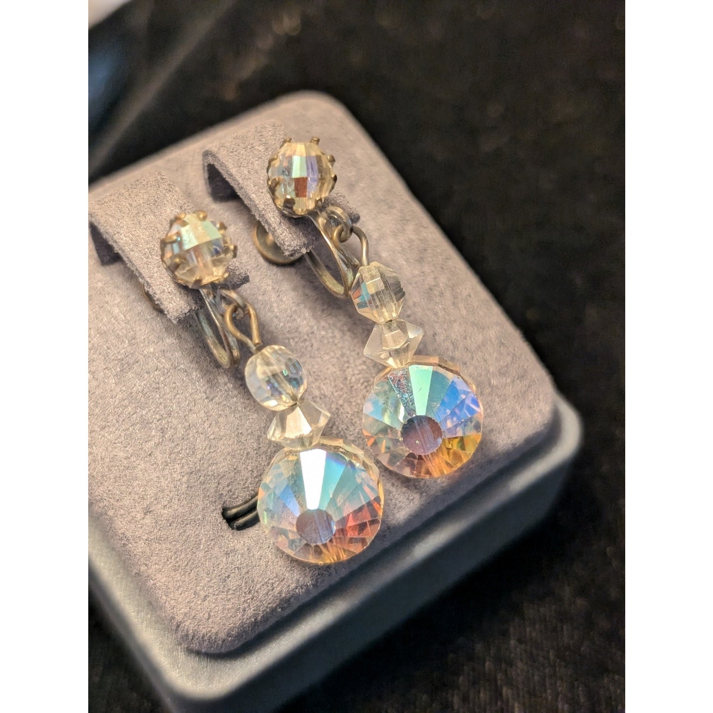 Unique Vintage Aurora Borealis AB Crystal Dangle Screw Back Earrings