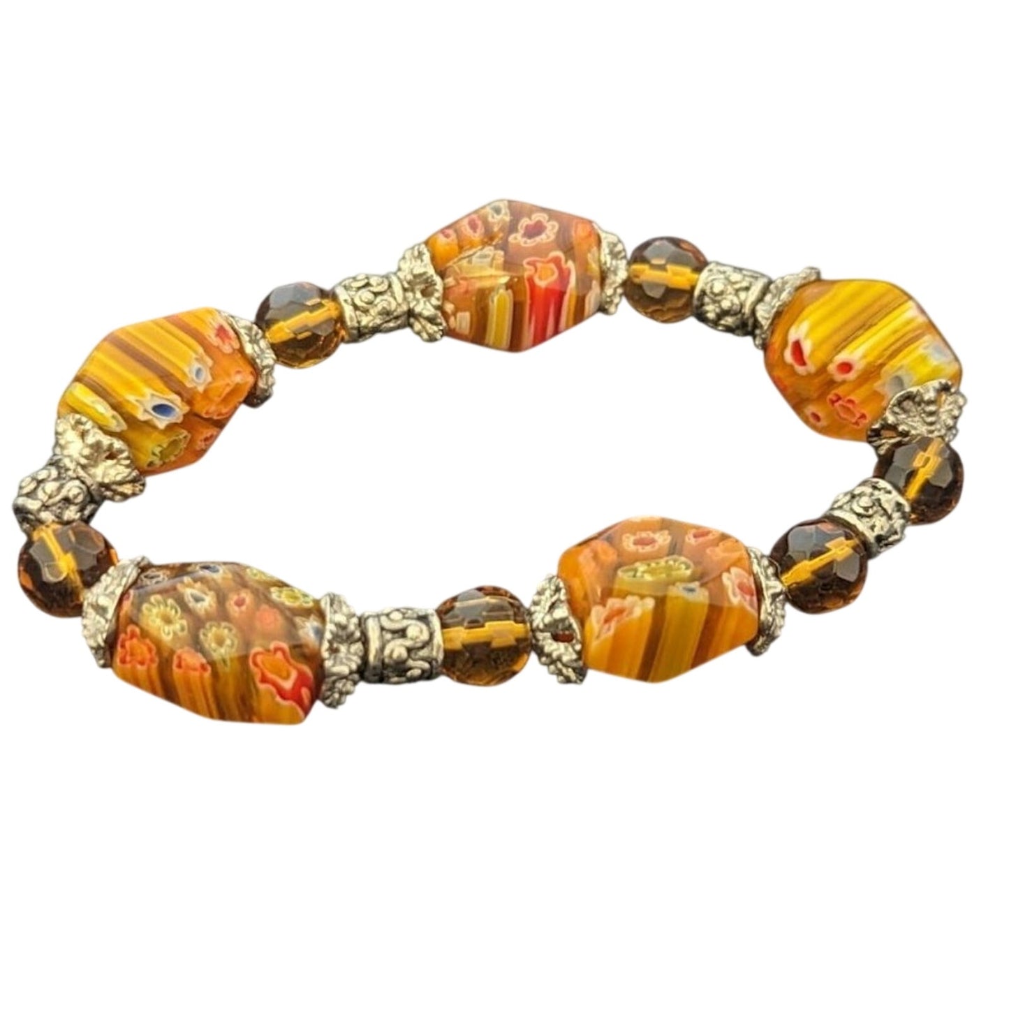 Millefiori Orange Glass Flower & Amber Beaded Stretch Bracelet