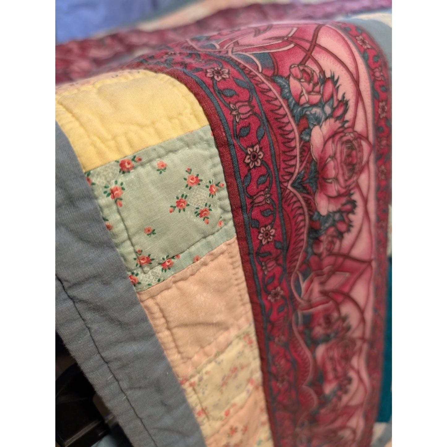 Vintage 84" X 102" Teal Blue & Mauve Cotton Hand Stitched 'Secret Garden' Quilt