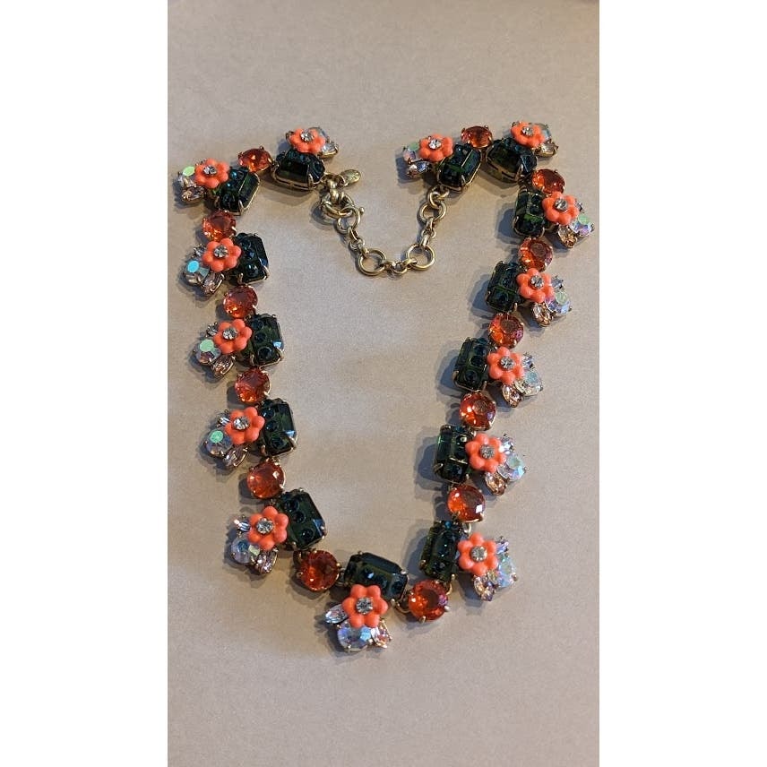 J. Crew Floral Orange Green Jewel Statement Necklace