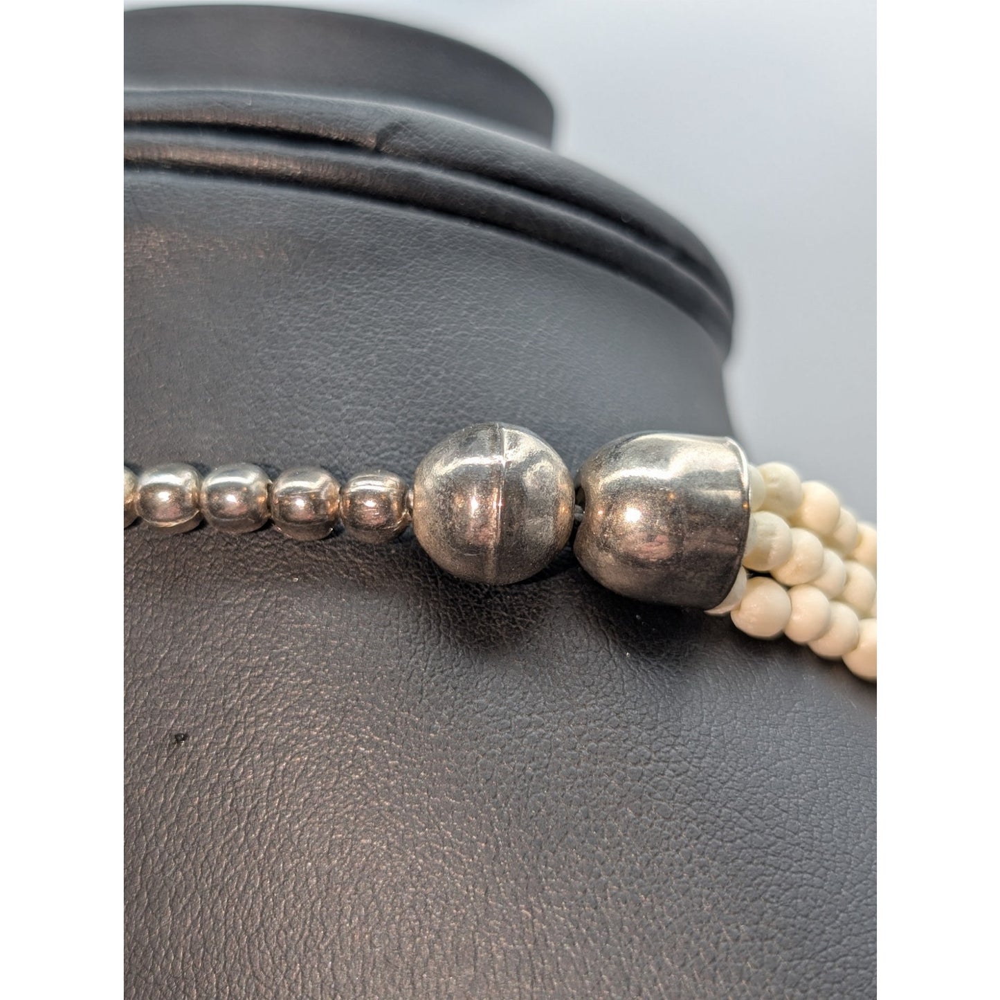 VTG Off White & Silver Bead Multi-Strand Egyptian Tribal Hook Clasp Necklace
