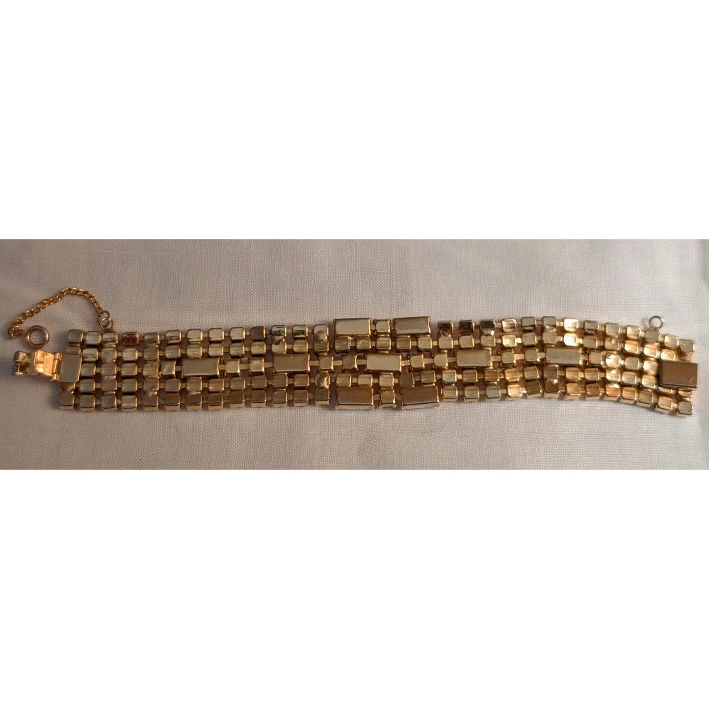Vintage 1960s Unsigned Aurora Borealis Crystal Gold Tone Wide Bracelet W/ Safety