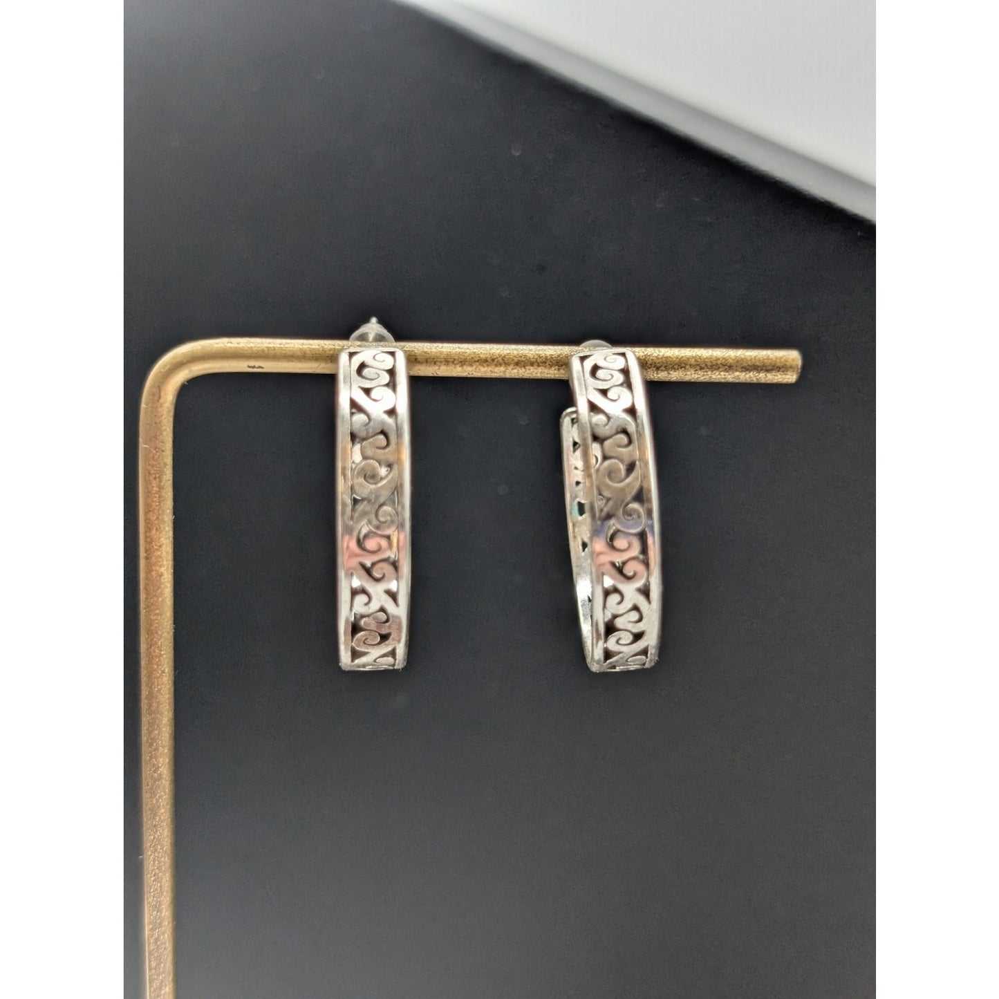 Silver Plated Cut Out Design 3/4 Hoop Earrings