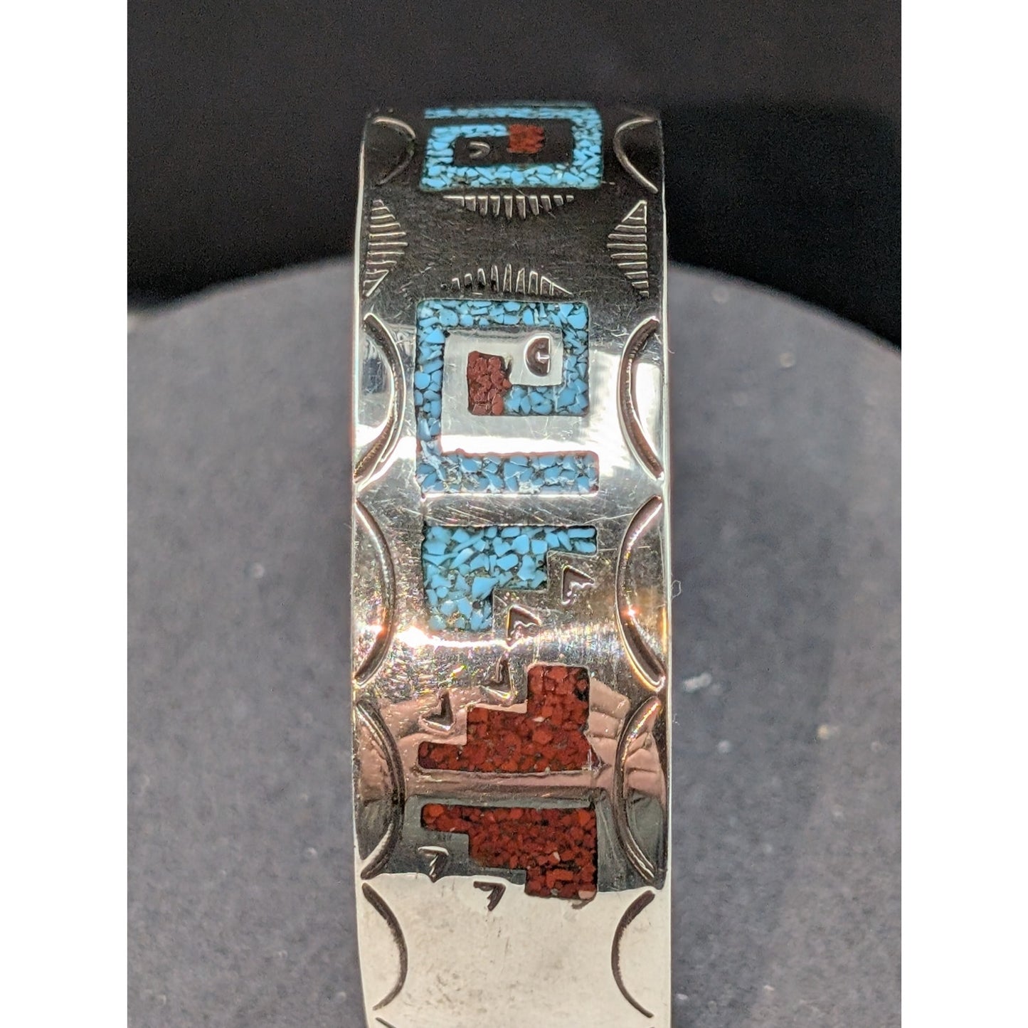 Vtg Navajo Sterling Silver Turquoise & Coral Chip Inlay Bracelet - Signed Ray B