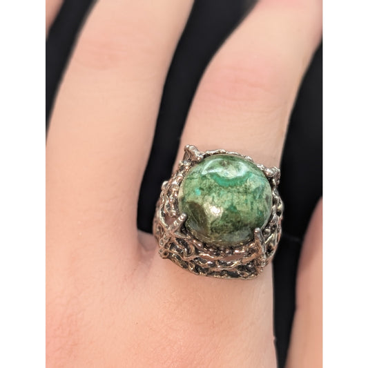 Vtg Sterling Silver Green Stone Brutalist Modern High Dome Ring Sz 7