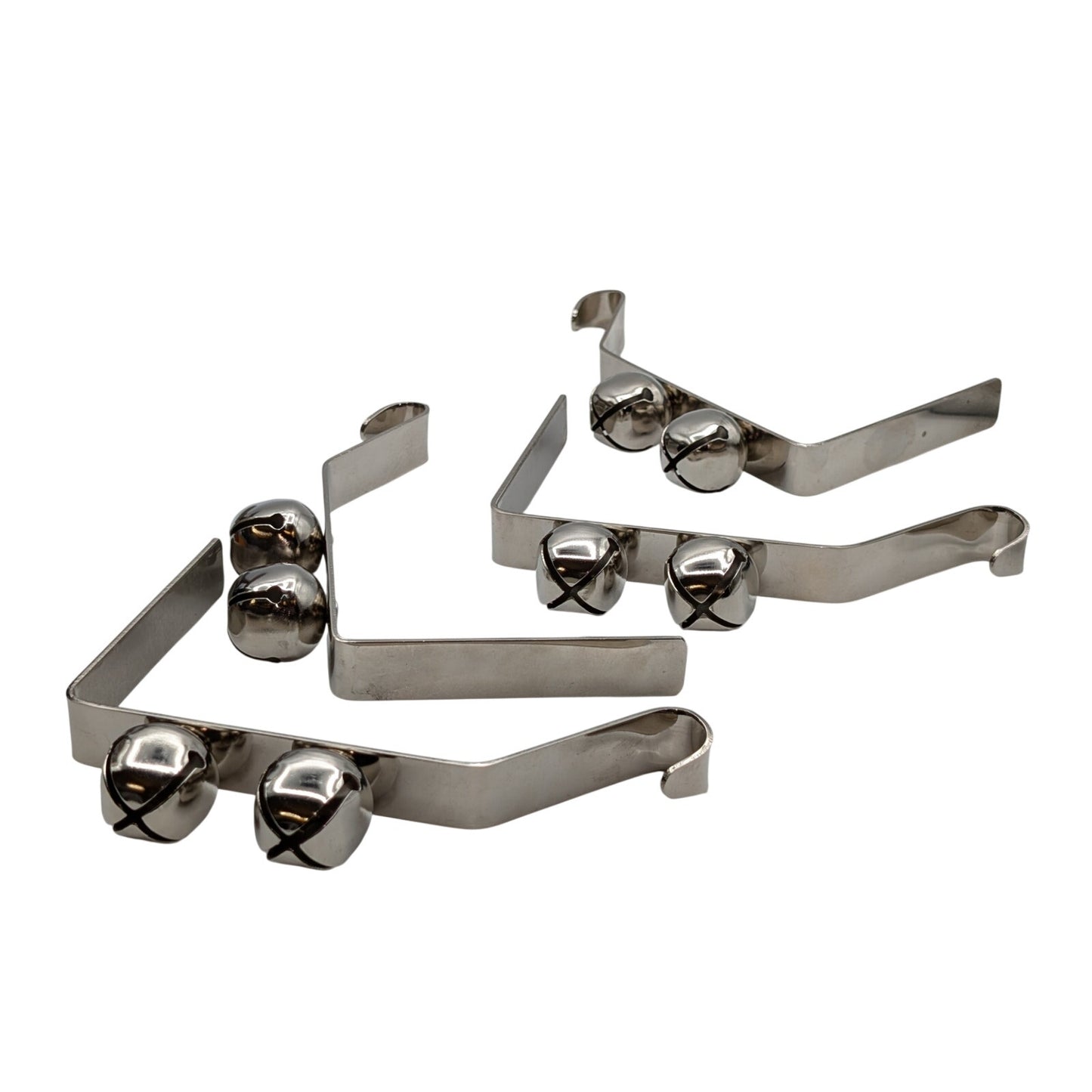 Set of Four Christmas Sleigh Bell Stocking Holders Silver Color Metal