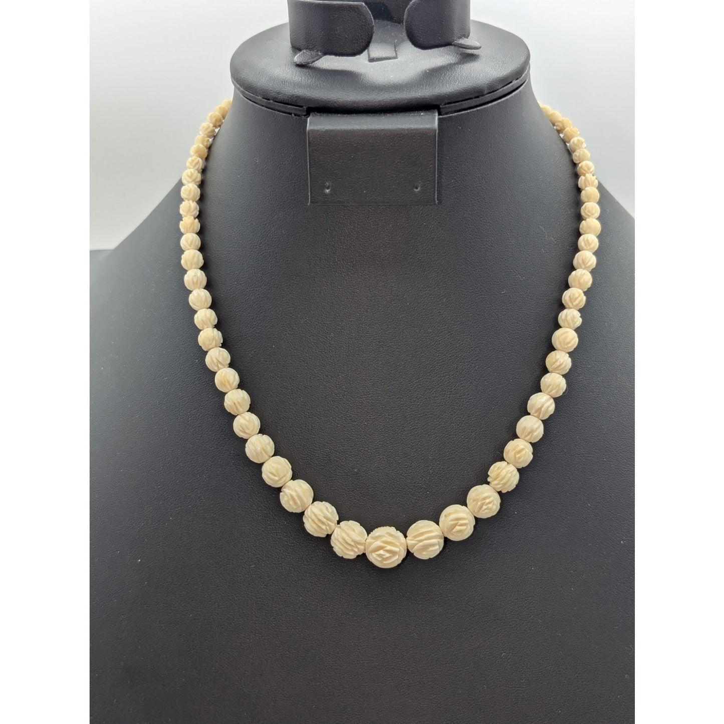 Antique Carved Celluloid Art Deco Graduated Bead 18.75" Necklace W/ Screw Clasp