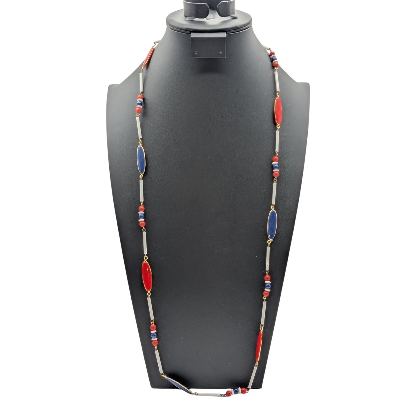 Vintage Red White Blue Multi Shape Long Acrylic Beaded Necklace