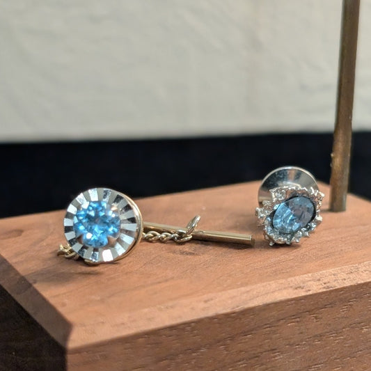 Two Blue Crystal Silvertone Tie Tacks (One by Swank)