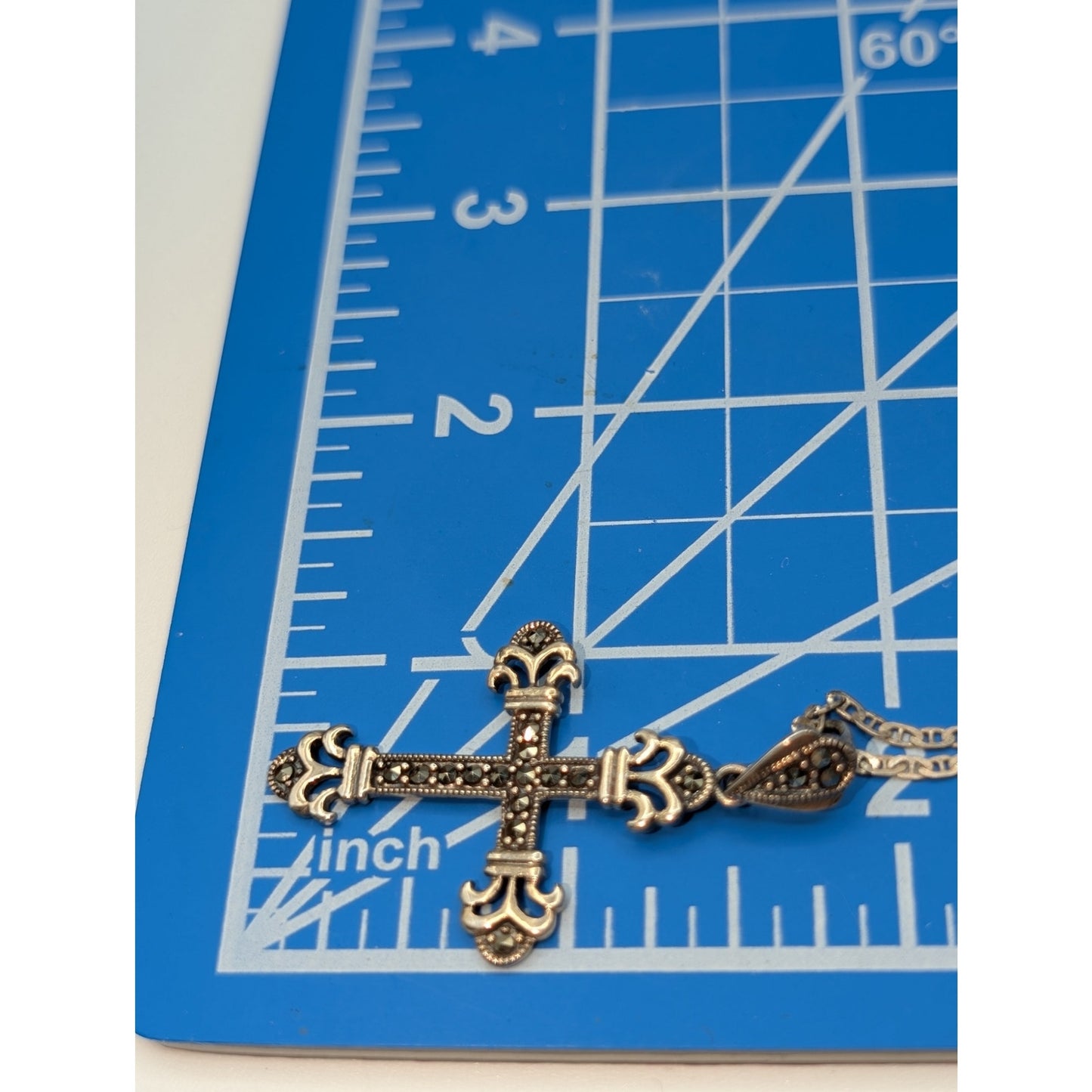 Sterling Silver Marcasite Art Deco Cross on 925 Sterling 21.5" Chain Necklace