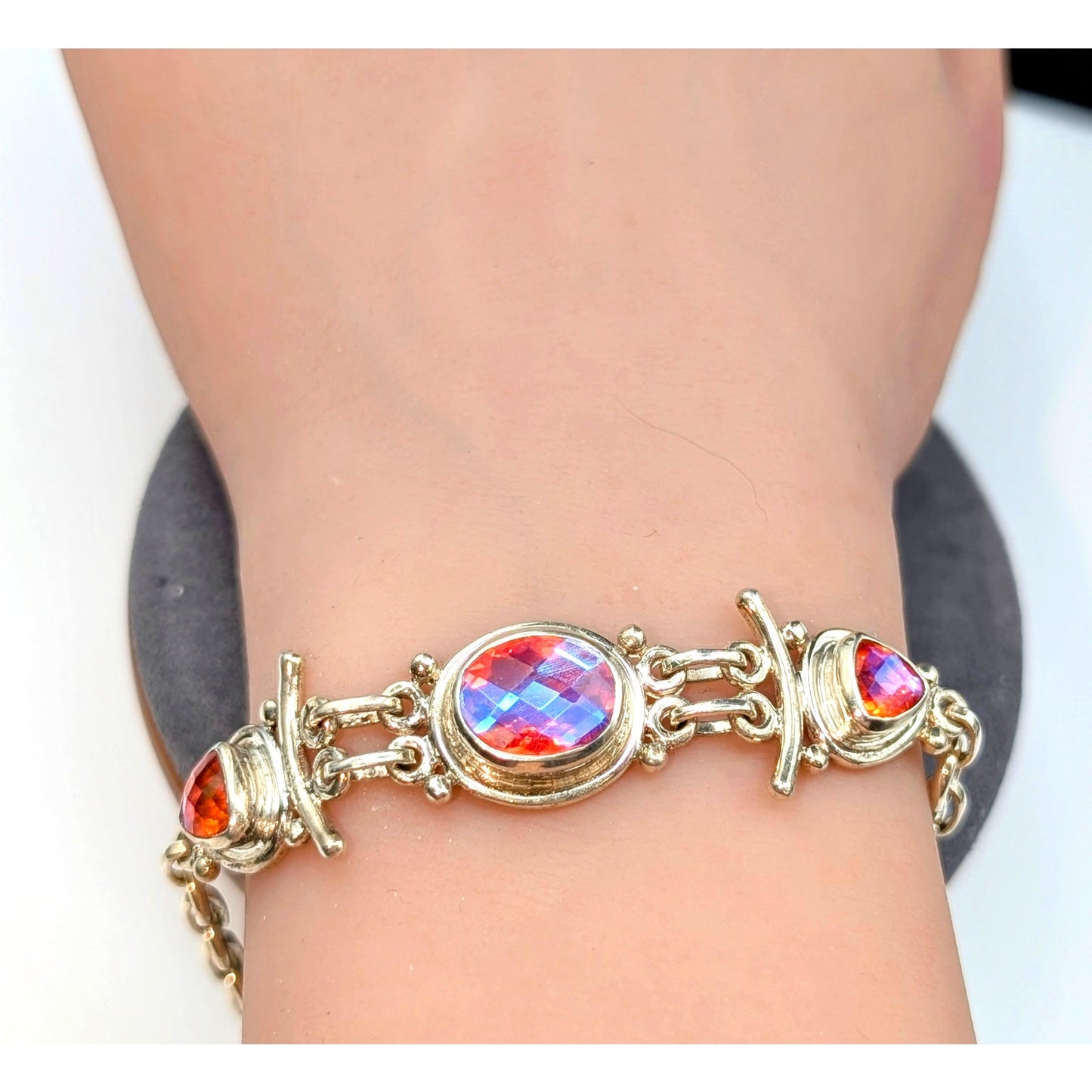 Sajen 925 Sterling Faceted Rainbow Pink Aura Quartz Faceted Gemstone Bracelet