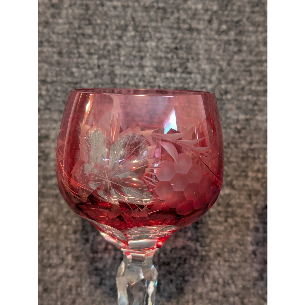 Vtg Two Czech Bohemian Red Cut to Clear Crystal Grapes Design Wine Stem Goblets
