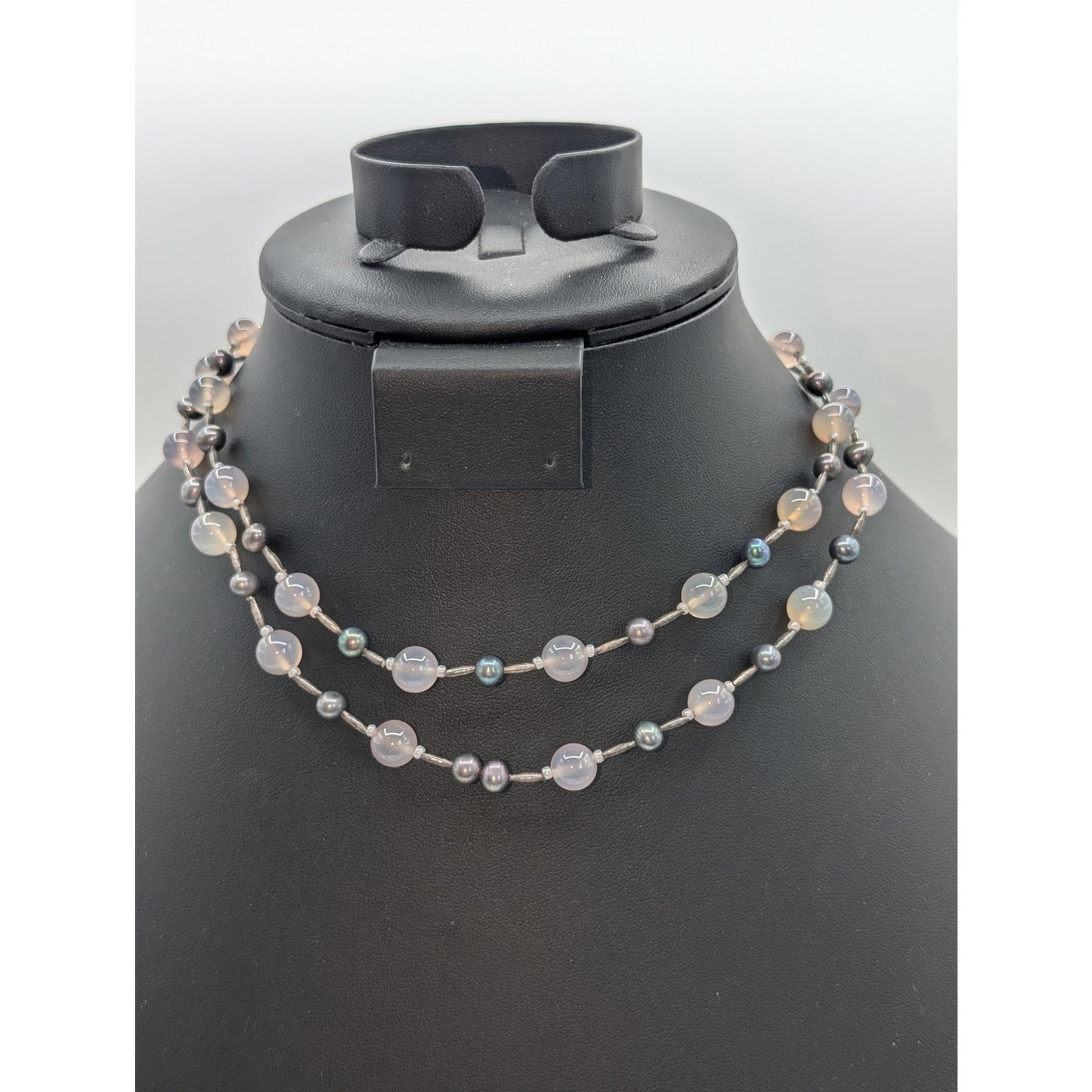 Vintage Opaque Glass & Pearl Bead Double Strand Hook Clasp 15" Necklace