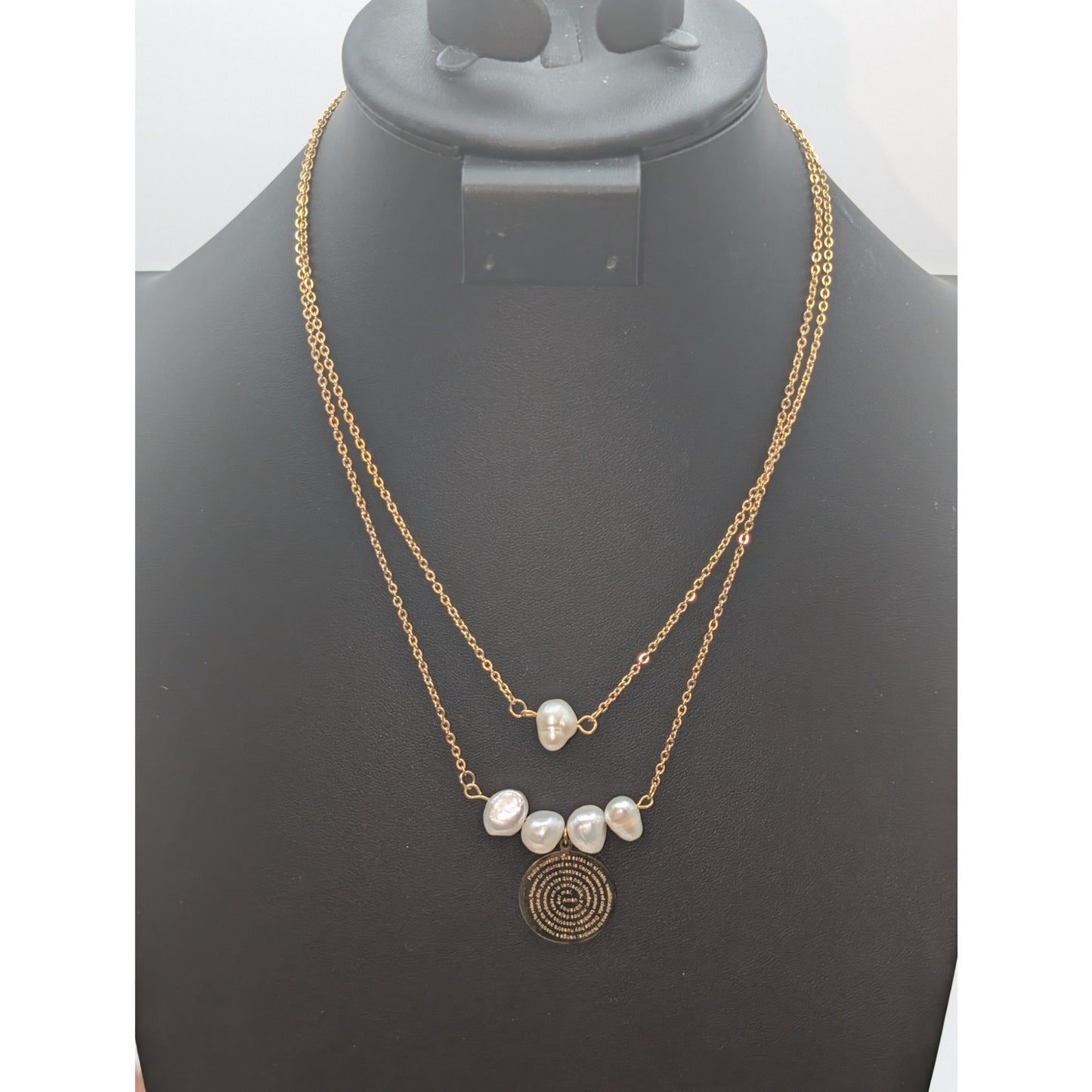Gold Stainless Steel Pearl Double Strand Spanish 'Our Father' 17.5" Necklace