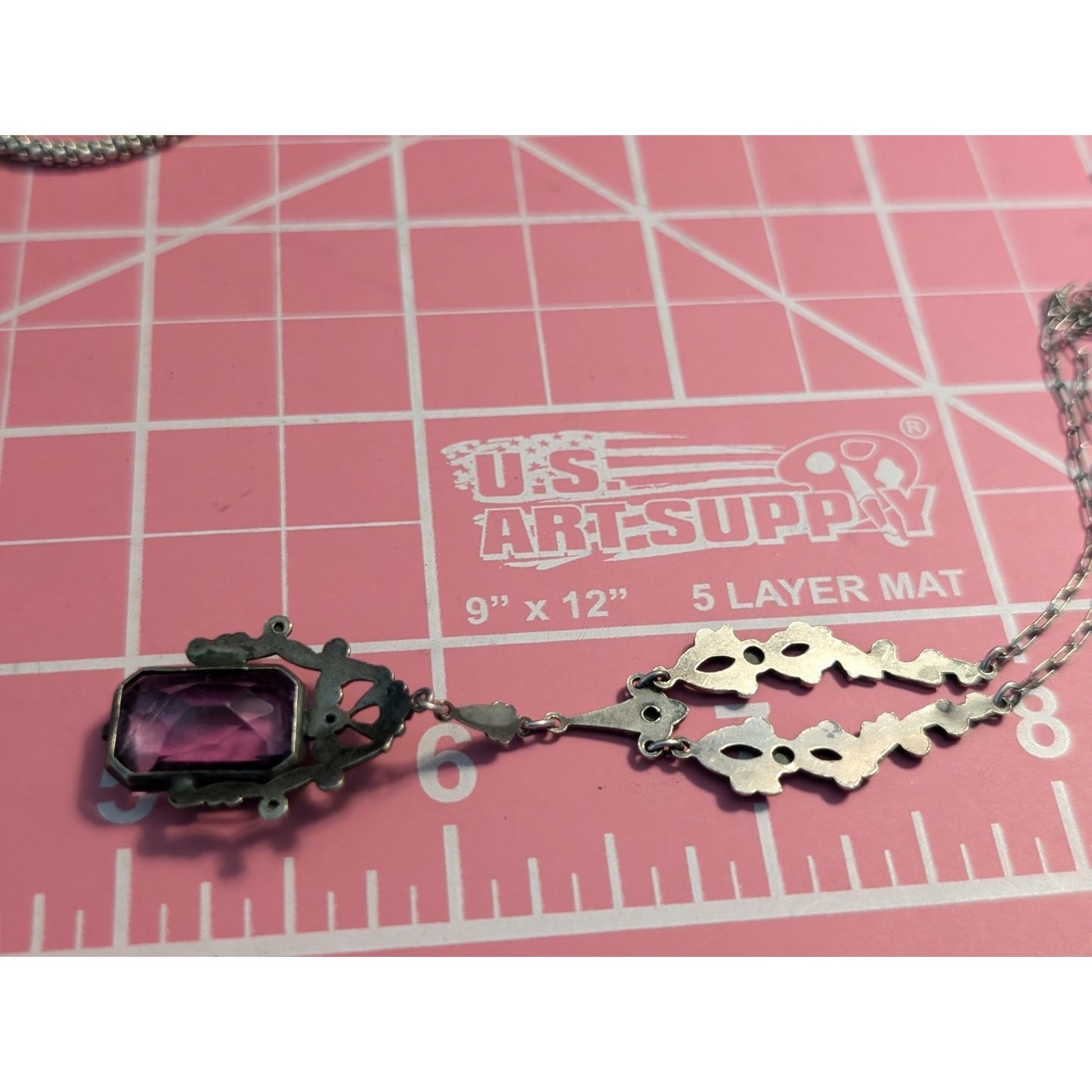 Antique Art Deco Sterling Amethyst Marcasite Filigree Pendant Paperclip Necklace