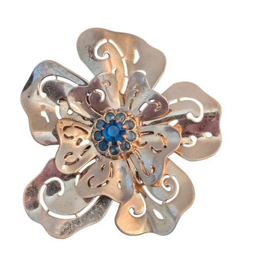 Vintage Gold Tone Cut Out 3D Blue Rhinestone Brooch