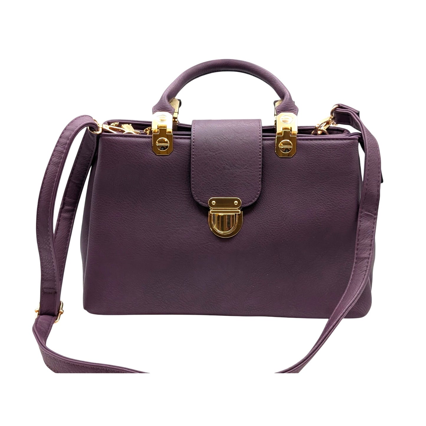 Dasein Purple Leather Gold Tone Metal Three Large Compartment Satchel Handbag