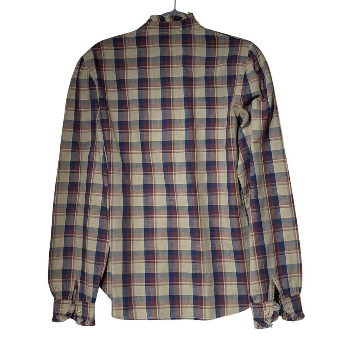 Villager Vtg Brown Navy Plaid Ruffled Collar & Cuff Button Up Shirt Women's 14