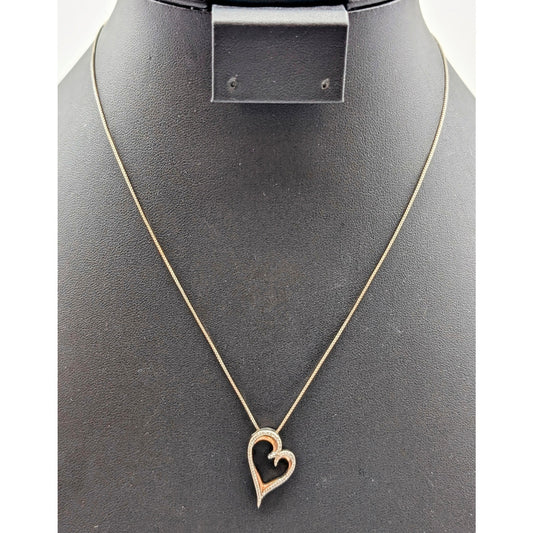 Marked JWBR 925 Sterling Silver 10K Yellow Gold Diamond Abstract Heart Necklace