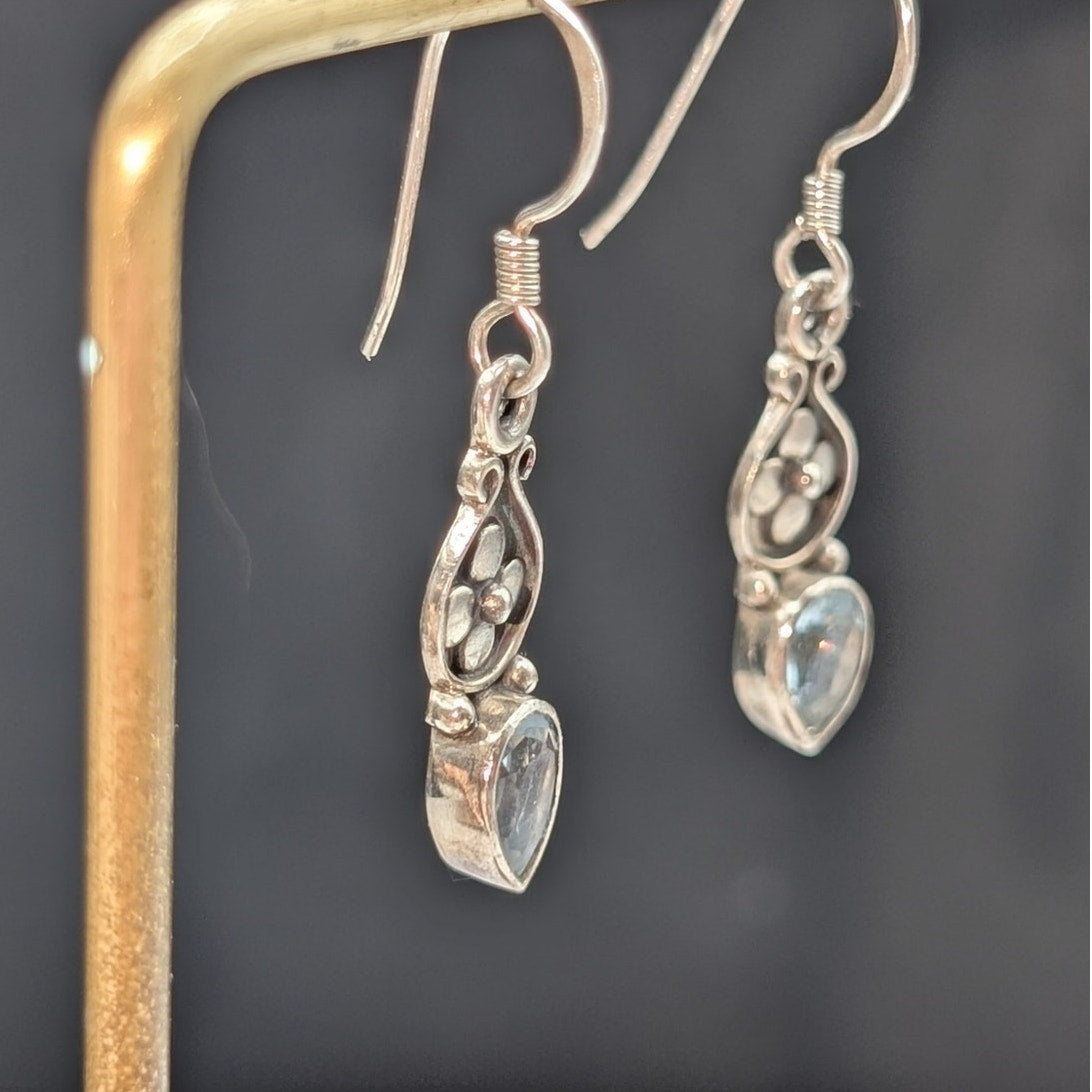 Vintage 925 Sterling Silver Blue Topaz Dangle Flower Earrings