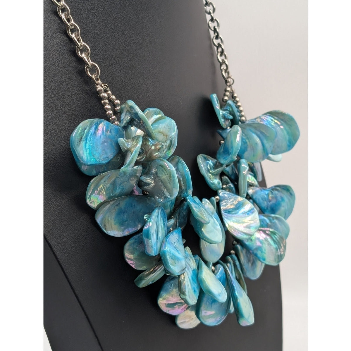 Silver Tone Chain Multi-Layer Dyed Blue Shell Petal Bead Statement Necklace