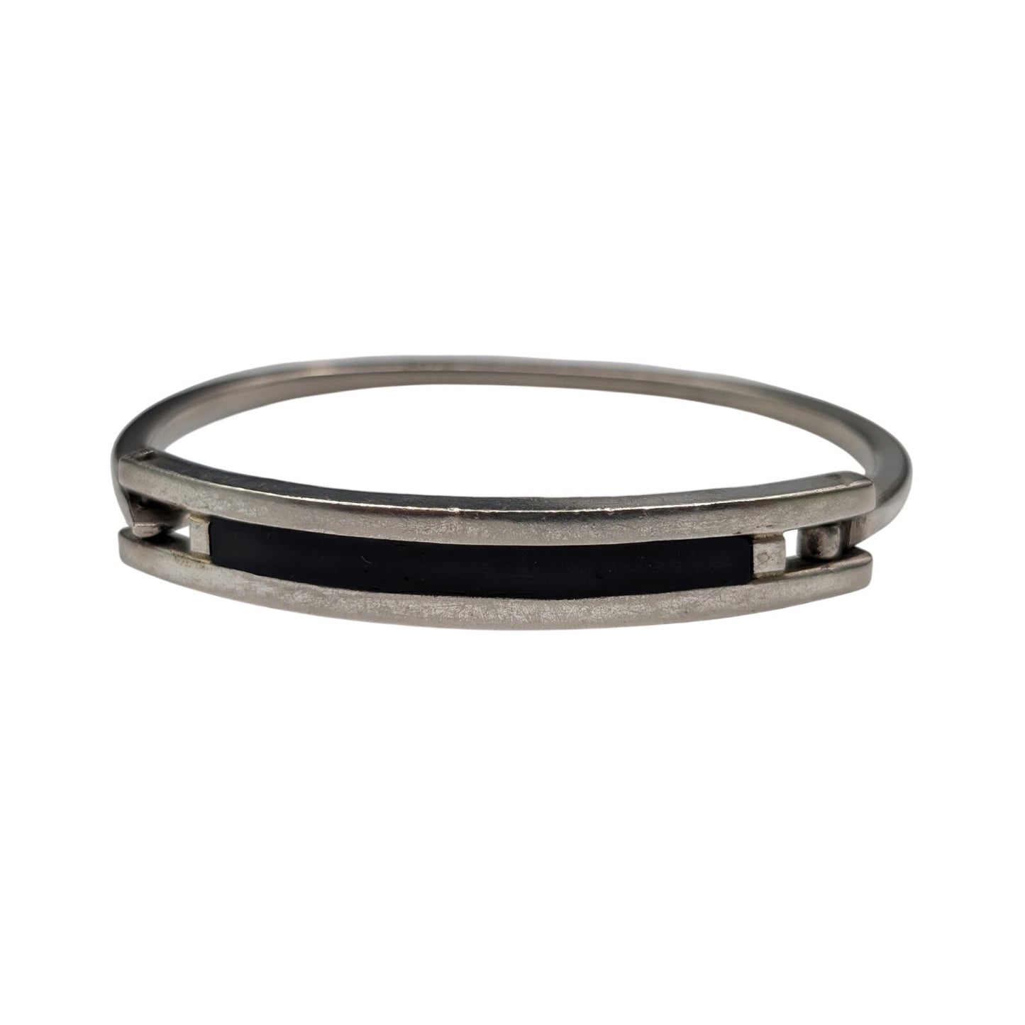 Vintage Made in Mexico Silver Tone Black Inlay Hook Clasp Oval Bangle Bracelet