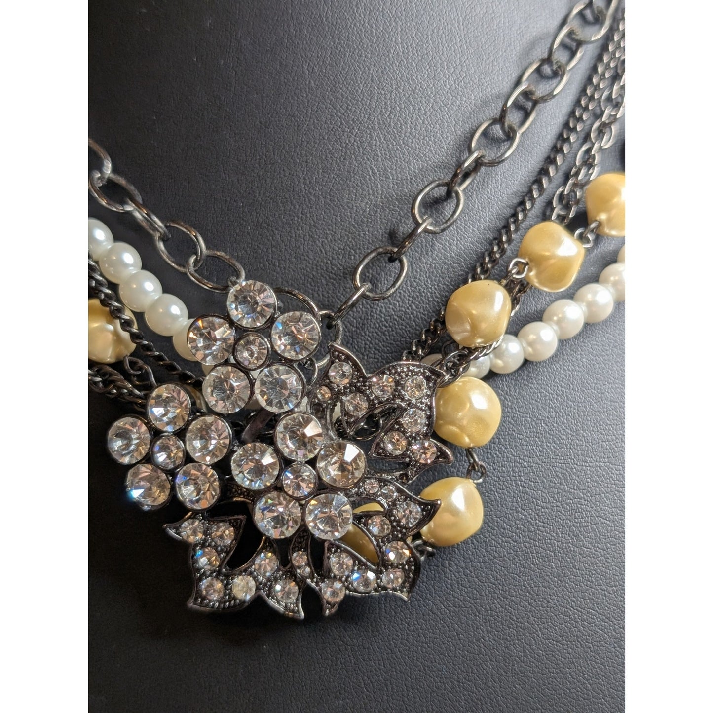 Express Layered Faux Pearl Rhinestone Flower Multi Chain Necklace