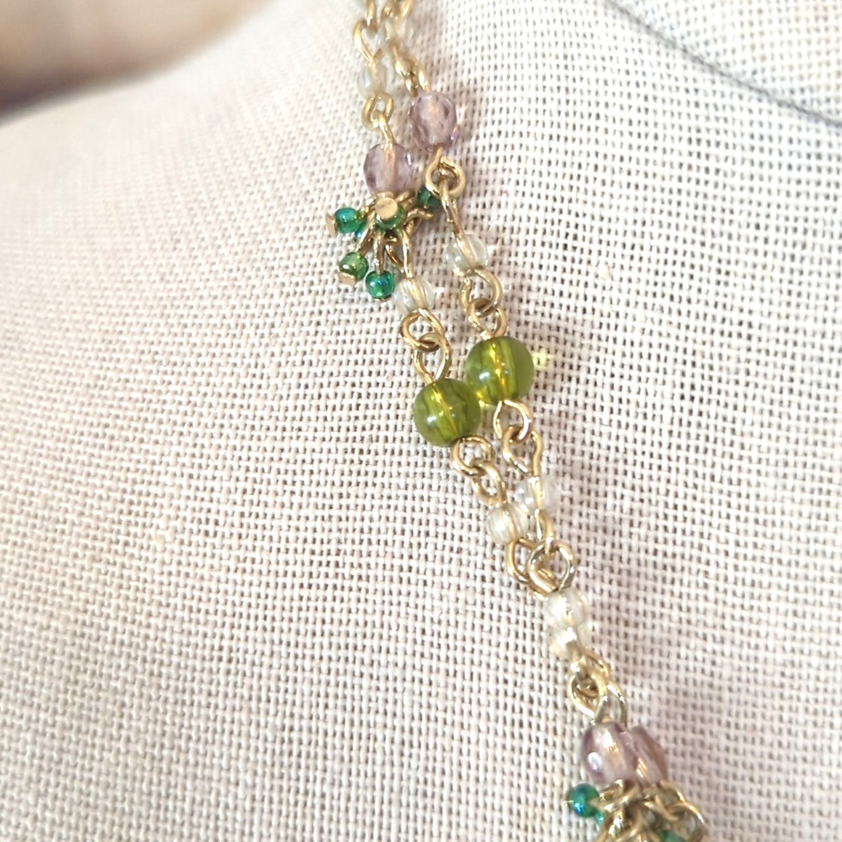 Gold Tone Double Strand Beaded Chain Pink Green Rhinestone Medallion Necklace