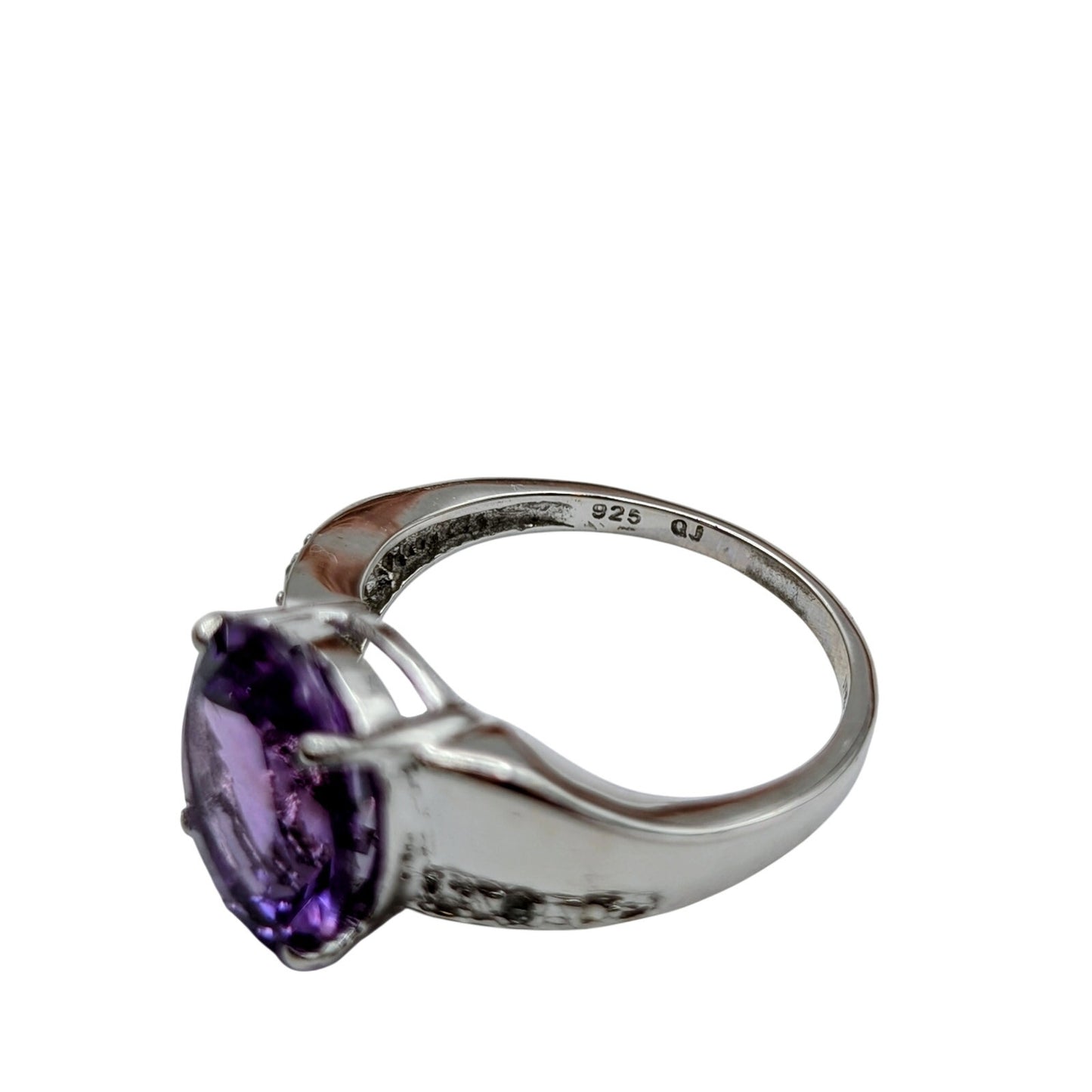 925 Sterling Silver Large Oval Amethyst & Diamond Ring Size 7