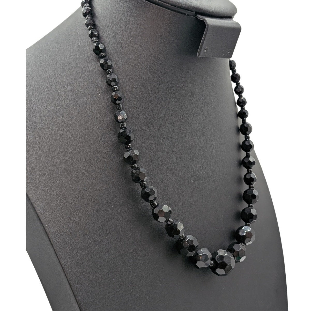 Vintage Black Faceted Glass Bead Graduated 19"-21.5" Necklace