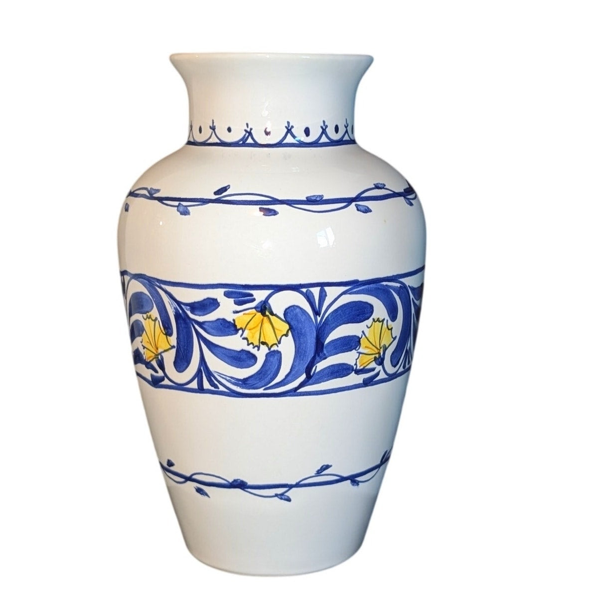Vintage Signed Dipinto A Mano Italian Pottery Blue White Yellow Vase