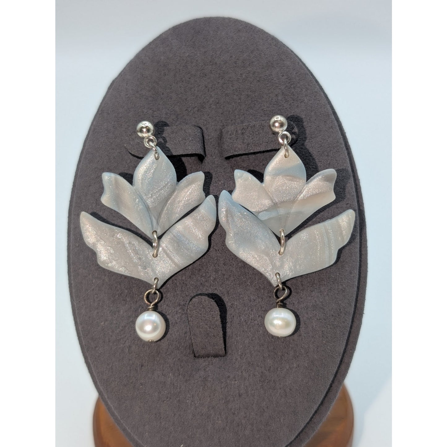 Blue Gray Sheen Polymer Clay Leaf 925 Sterling Genuine Pearl Dangle Earrings