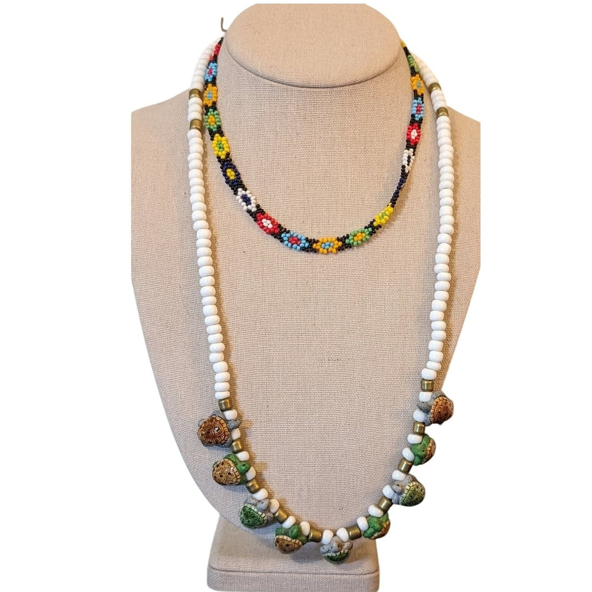 Glass Bead Ceramic Turtle Necklace & 70s Seed Bead Flower Choker